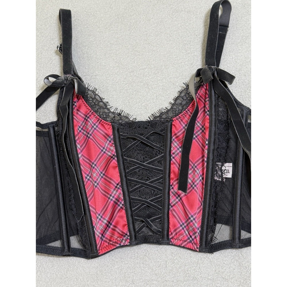 Victoria Secret Corset Boned Bustier Velvet Lace Plaid Ribbon Red Black S Gothic